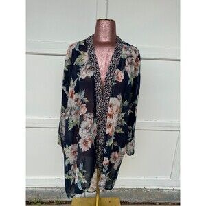 Band of Gypsies Kimono Sheer Navy Floral Shawl Cover-up Size XS/Small Blue Grn
